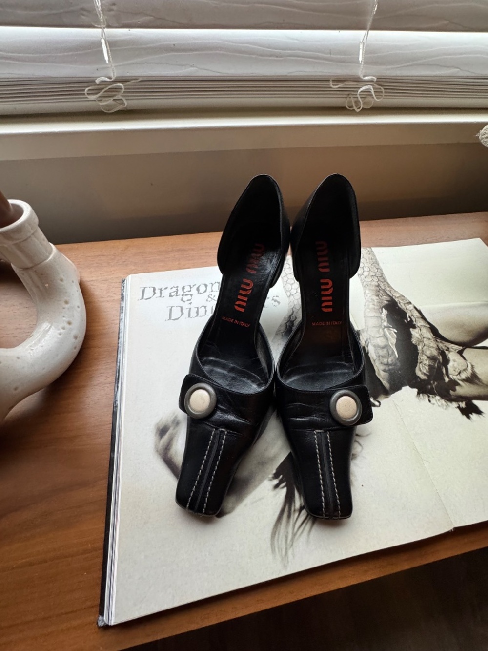 Vintage Miu Miu Black Leather Square Toe Kitten Heels Size 36 - Picture 3 of 13